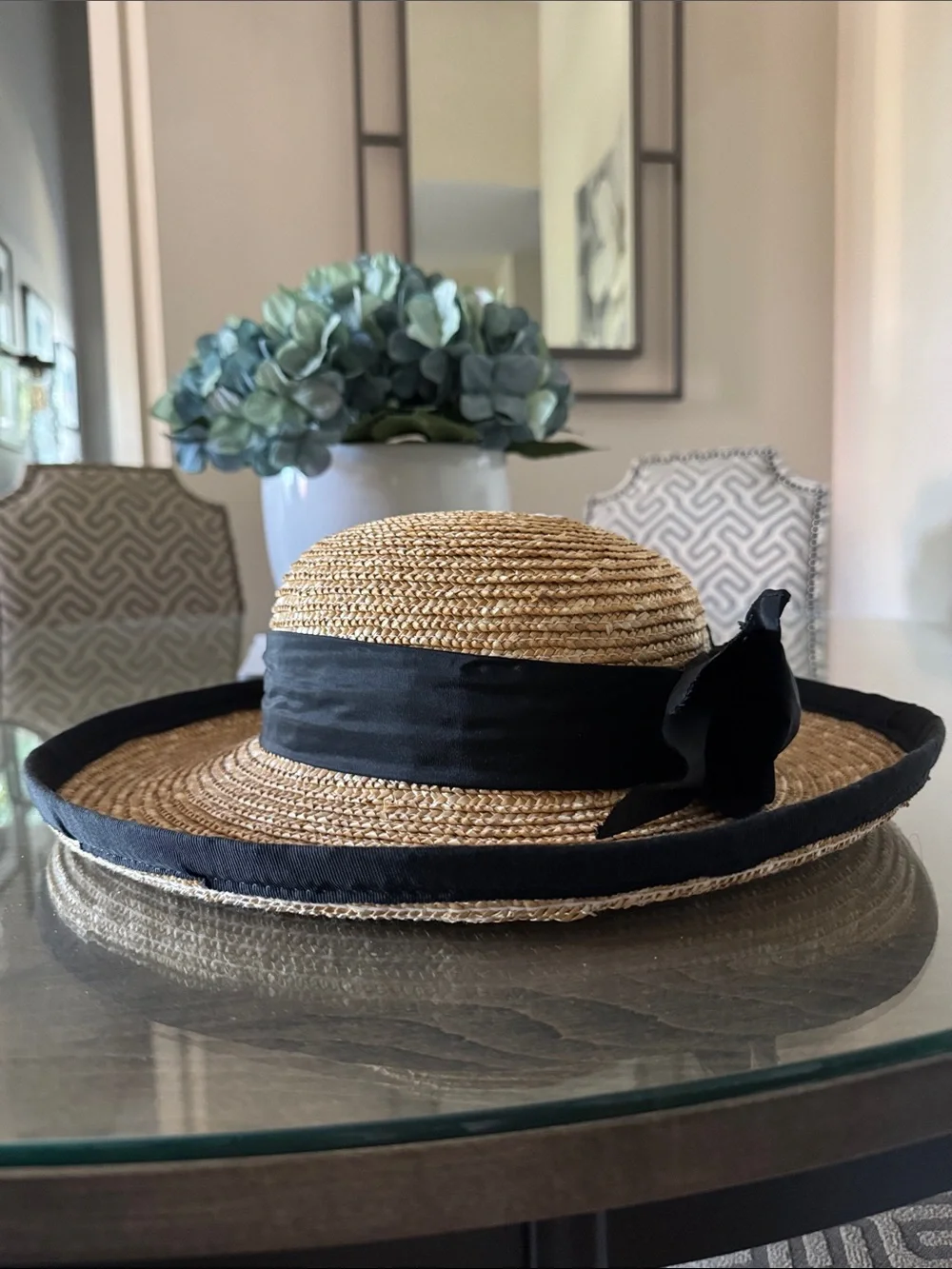 Women's Natural Straw Sun Hat with Black Ribbon Trim